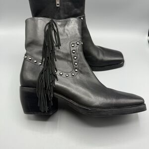 Sam Edelman Black Leather Fringe Stud Bernie Moto Boot Leather Booties Size 10 M